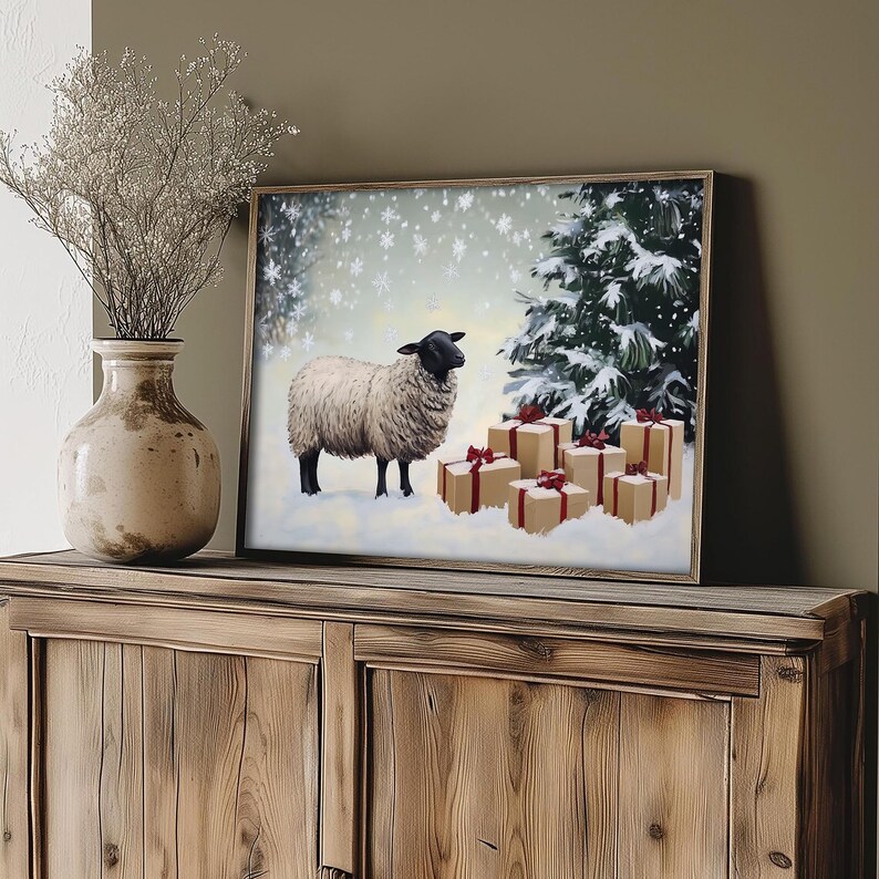 Mailed Print, Sheep Christmas Tree Wall Art, PRINTED AND SHIPPED, Xmas