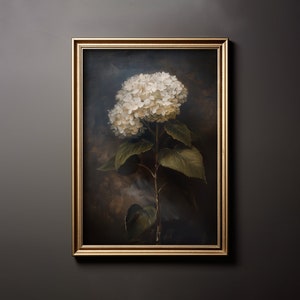 Vintage Printable Flower Painting, White Hydrangea, Moody Home Decor, Muted Wall Art, Instant Download, Oil Painting Print