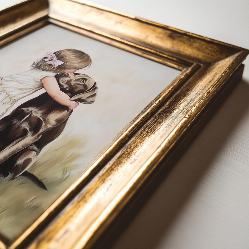 Vintage Nursery Wall Art of Little Girl Hugging Dog, Tender Child and Puppy Painting, Sweet Friendship Artwork, Neutral Baby Room Decor, Farmhouse Kids Print