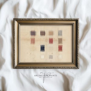 May include: A framed artwork featuring a collection of woven fabric swatches in various patterns and colors, including red, blue, and beige. The frame is ornate with a gold finish. The artwork is signed "Arlington Prints Art Collective".