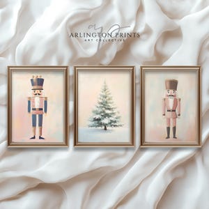 Christmas Gallery Wall Prints, Pink Nutcracker Art, Set of 3 Christmas Prints, Christmas Tree Pastel Painting, Girly Holiday Decor C104