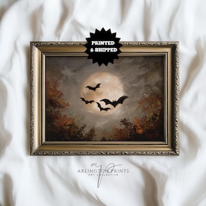 Spooky Halloween Bats Print, Full Moon Wall Art, PRINTED AND SHIPPED, Autumn Leaves Painting, Dark Gothic Decor, Giclée Print 12-20