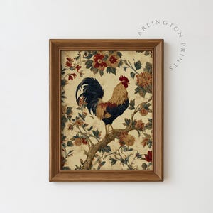 Vintage-style digital art of a colorful rooster perched on a branch surrounded by rustic floral illustrations, ideal for farmhouse kitchen decor.