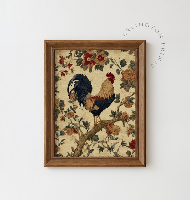Vintage-style digital art of a colorful rooster perched on a branch surrounded by rustic floral illustrations, ideal for farmhouse kitchen decor.