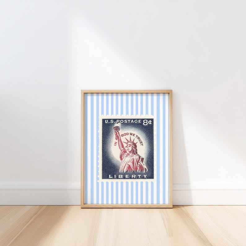 Vintage U.S. postage stamp wall art featuring the Statue of Liberty with patriotic colors and retro background, perfect for 4th of July or Americana decor.