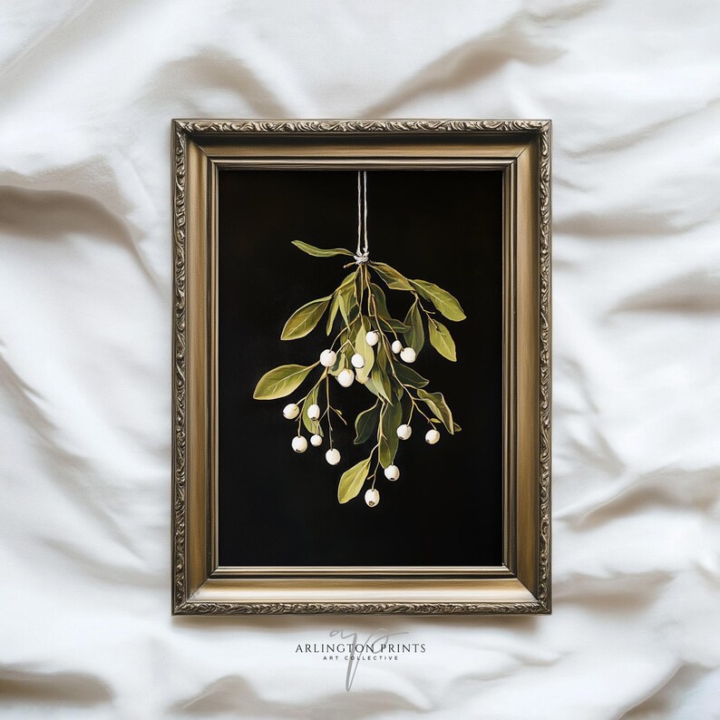 Printable mistletoe wall art with green leaves and white berries on a dark background, vintage rustic Christmas holiday print.
