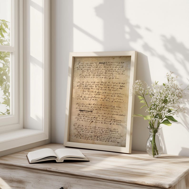 Vintage artwork of the Star-Spangled Banner in Francis Scott Key’s original 1814 handwriting, perfect for 4th of July and patriotic home decor.