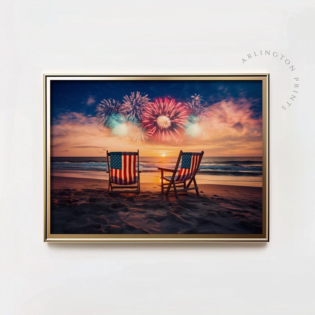 4th of July Vintage Wall Art | 4th of July Beach Fireworks Painting ...