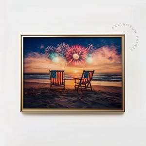 4th of July Vintage Wall Art | 4th of July Beach Fireworks Painting | American Flag Art File | Patriotic Art Print | Digital Download | A98