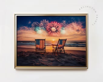 4th of July Vintage Wall Art | 4th of July Beach Fireworks Painting | American Flag Art File | Patriotic Art Print | Digital Download | A98