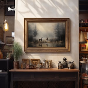 ustic wilderness-themed gallery wall featuring digital paintings of a bear by a lake, a crow on a branch, deer in misty woods, a cabin by the water, a leaping fish, and a foggy forest. Earthy tones and moody lighting create a serene, nature-inspired aesthetic perfect for lodge, cabin, or modern rustic decor.