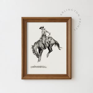 Vintage Cowboy Sketch, Bucking Bronco Western Art, Rustic Rodeo Wall Print, Antique Horse Rider Drawing, Western Country Decor #6509