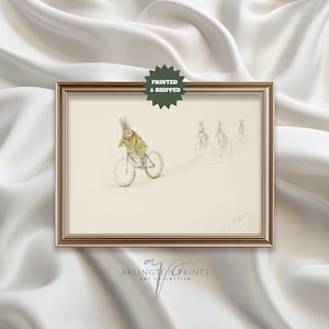 Stampa spedita, stampa d'arte antica per bambini, coniglietti in bicicletta di Beatrix Potter, arte dei conigli, arte murale di libri per bambini d'epoca