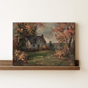 Impressionist-style painting of a cozy white cottage surrounded by colorful autumn trees. The brushstrokes are bold and textured, with warm shades of orange, red, and yellow leaves contrasted against a dark blue-gray roof and a lush green lawn. The overall mood is peaceful and nostalgic, evoking a quiet fall day in the countryside.