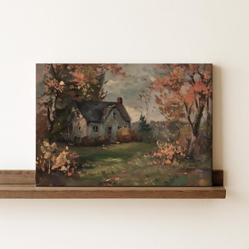 Impressionist-style painting of a cozy white cottage surrounded by colorful autumn trees. The brushstrokes are bold and textured, with warm shades of orange, red, and yellow leaves contrasted against a dark blue-gray roof and a lush green lawn. The overall mood is peaceful and nostalgic, evoking a quiet fall day in the countryside.