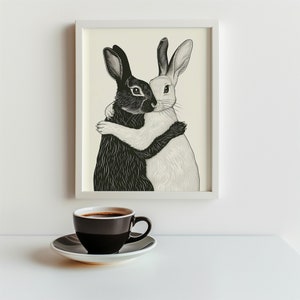 Rabbit Art Print, Rustic Cottage Aesthetic, Bunnies, Farmhouse Nursery, Instant Download, Poster Print, Rabbit Artwork, Folk Art Printable, Hygge Art, Scandinavian Minimalist, Black and White, Monochrome, Modern Art, Friendship, Vintage Illustration