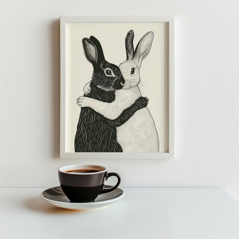 Rabbit Art Print, Rustic Cottage Aesthetic, Bunnies, Farmhouse Nursery, Instant Download, Poster Print, Rabbit Artwork, Folk Art Printable, Hygge Art, Scandinavian Minimalist, Black and White, Monochrome, Modern Art, Friendship, Vintage Illustration