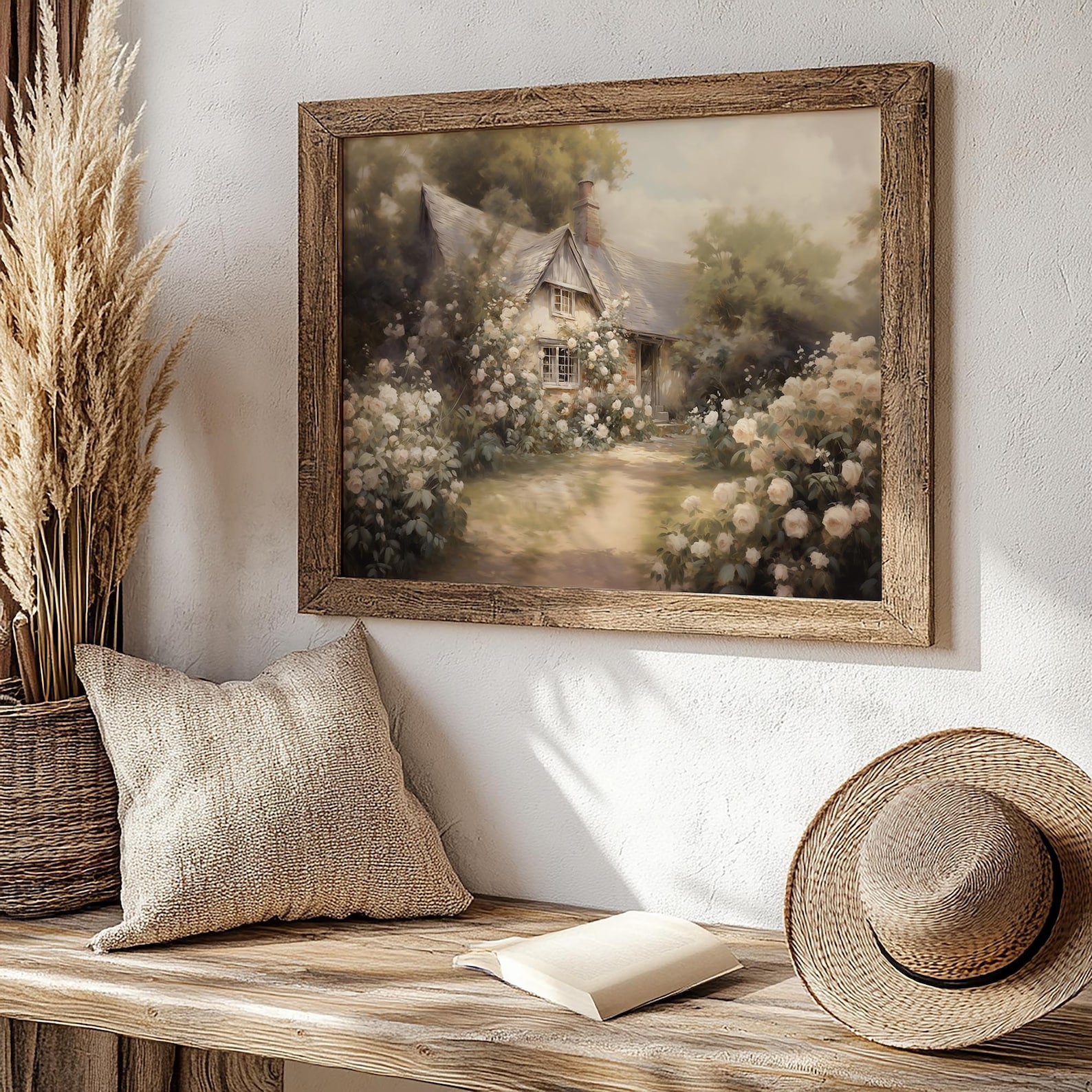 Vintage Cottage Painting, English Country, Rose Garden Wall Art, Oil ...