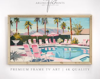 Frame TV Art | Retro Palm Springs Pool | Pink Preppy Beach DIGITAL Download | Pop Art File For TV | Tropical Pool | Pink Aesthetic Art