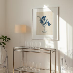 Retro Coastal Cowgirl Art, PRINTABLE Cocktail Wall Art, Girly Bar Cart Print, Coupe Glass Poster, Cute Apartment Poster, Dorm Room Print, 50s Vibe, Midcentury-Modern, Country Western Chic, Cowgirl Drawing, Digital Download Art, Navy Blue and Beige