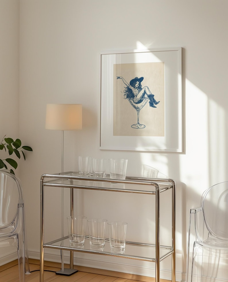 Retro Coastal Cowgirl Art, PRINTABLE Cocktail Wall Art, Girly Bar Cart Print, Coupe Glass Poster, Cute Apartment Poster, Dorm Room Print, 50s Vibe, Midcentury-Modern, Country Western Chic, Cowgirl Drawing, Digital Download Art, Navy Blue and Beige