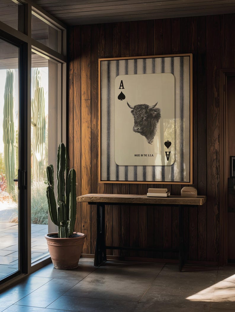 Downloadable western wall art featuring a black bull head inside an Ace of Spades playing card with “Made in the U.S.A.” text, styled with vintage country charm.