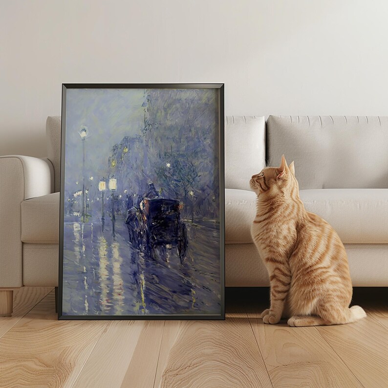 Moody Blue Vintage Night Cityscape Painting, PRINTABLE Rainy Midnight