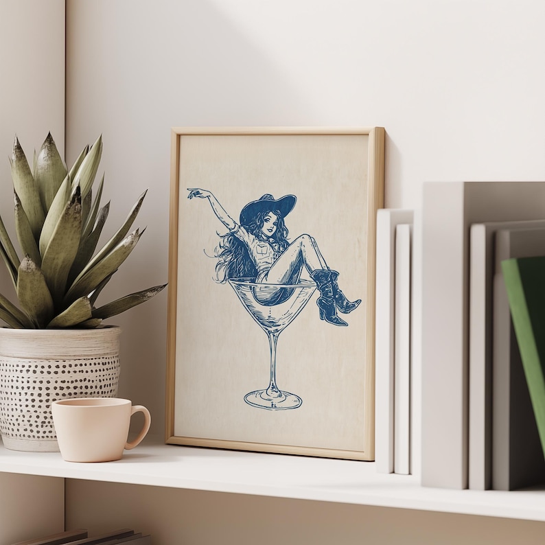 Retro Coastal Cowgirl Art, PRINTABLE Cocktail Wall Art, Girly Bar Cart Print, Coupe Glass Poster, Cute Apartment Poster, Dorm Room Print, 50s Vibe, Midcentury-Modern, Country Western Chic, Cowgirl Drawing, Digital Download Art, Navy Blue and Beige