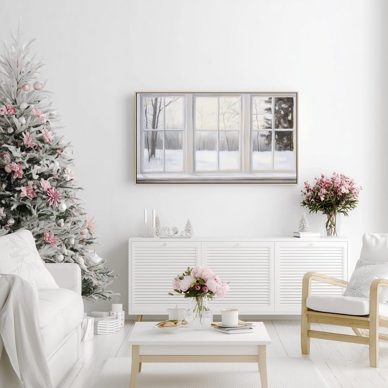 Samsung Frame TV art depicting a realistic painted window view of a serene winter landscape. Soft light filters through frosted glass panes, revealing snow-covered trees and a peaceful gray-and-white forest scene outside. The brushstrokes create a cozy, minimalist atmosphere perfect for modern farmhouse or winter home décor.