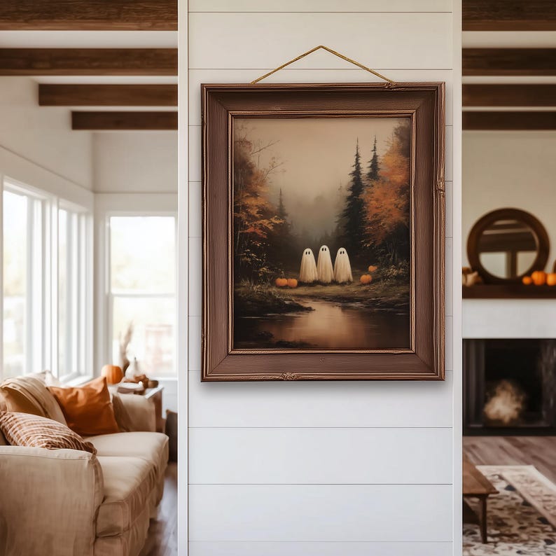 Set of 4 cute Halloween ghost art prints, vintage spooky fall wall decor, rustic autumn printable artwork, cottagecore Halloween home decoration