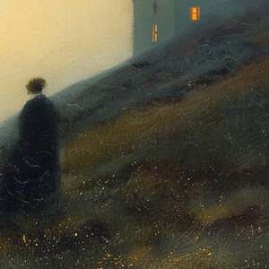 May include: A solitary figure in a dark coat walks towards a house with a lit window on a hill. The sky is a soft yellow and the ground is covered in dark green grass.