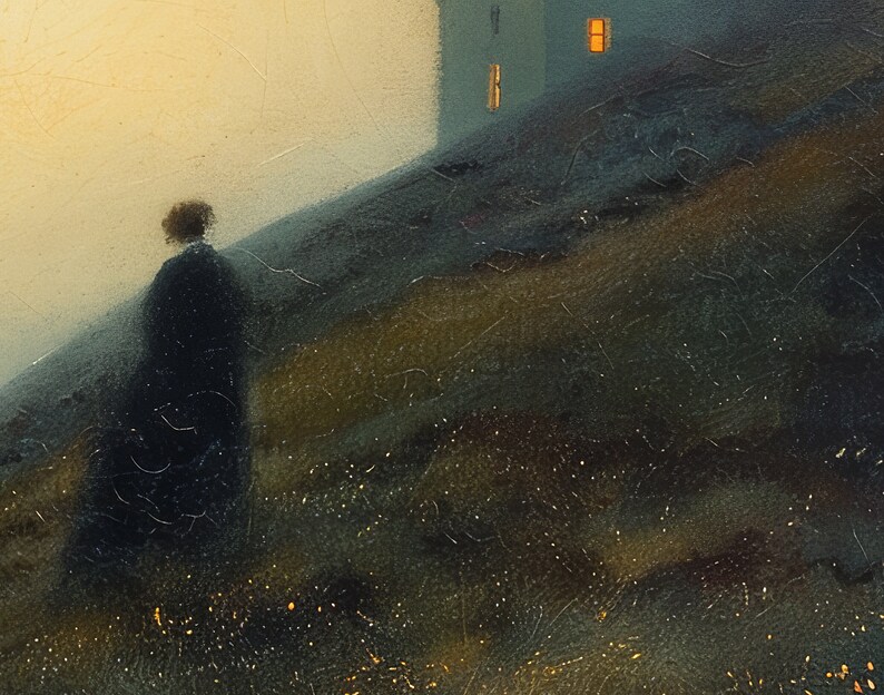May include: A solitary figure in a dark coat walks towards a house with a lit window on a hill. The sky is a soft yellow and the ground is covered in dark green grass.