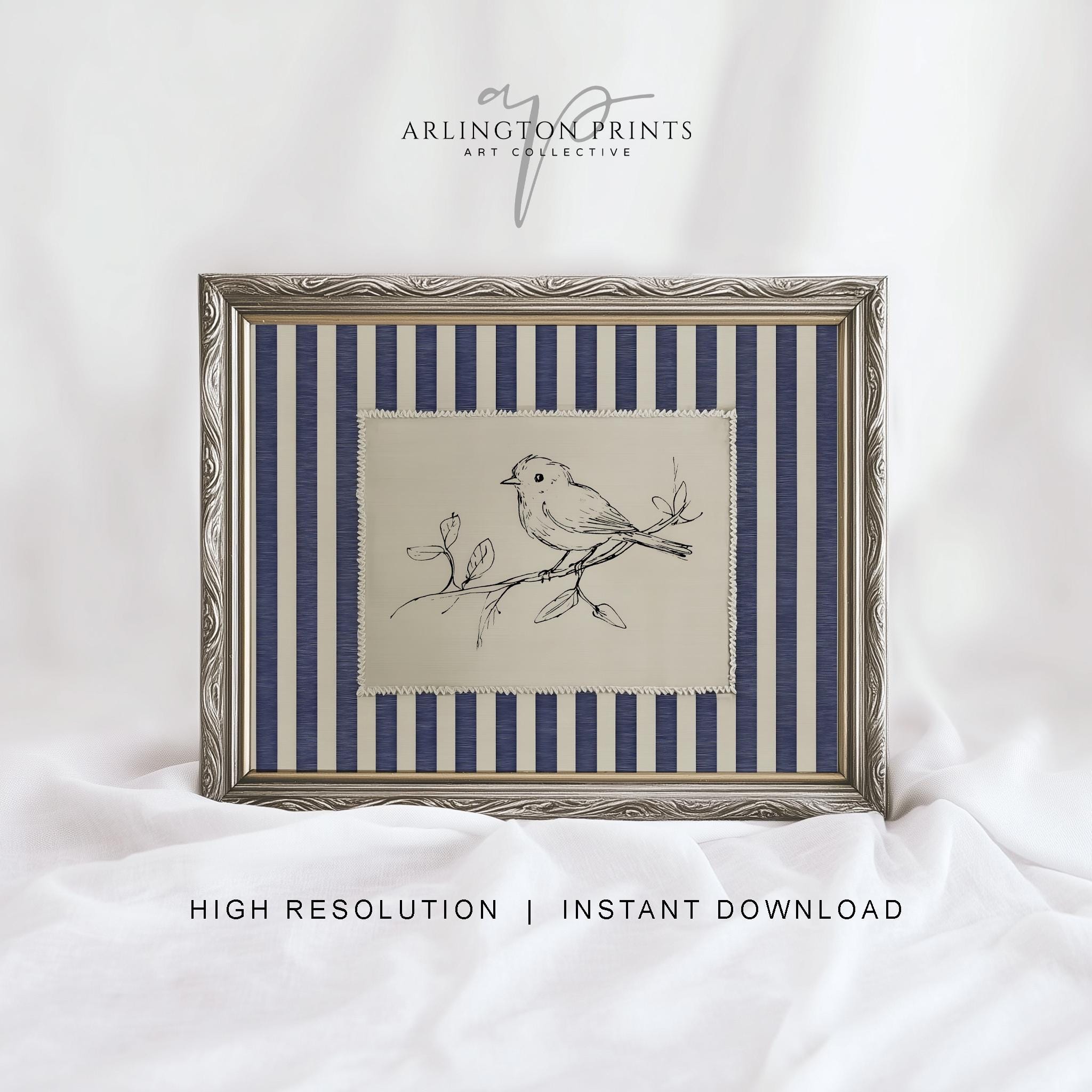 Vintage Bird Sketch Printable, Striped Blue Wall Art, Classic
