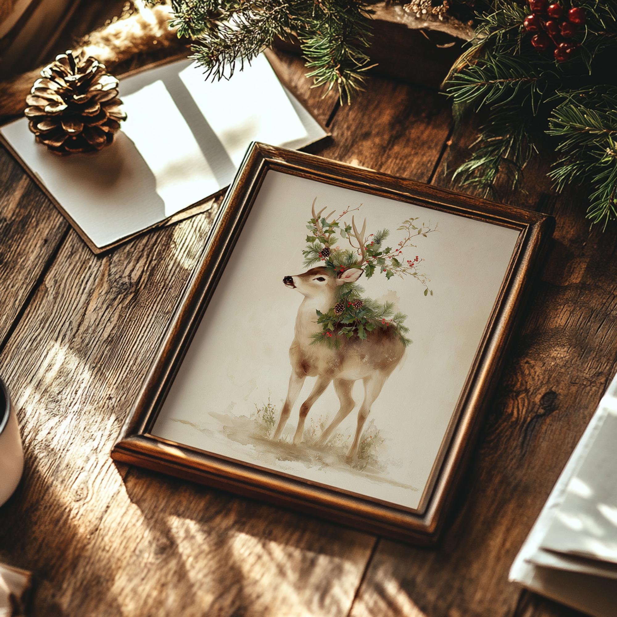 Rustic Holiday Buck Print, PRINTABLE Vintage Deer Christmas Wall Art ...