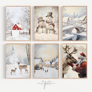 May include: A set of six winter-themed prints featuring a snowy village, a red barn, a church, a family of snowmen, a reindeer and Father Christmas, and a deer in the woods.