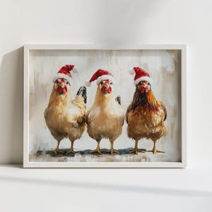 Whimsical Christmas chicken wall art print featuring three chickens in Santa hats, festive farmhouse holiday nursery decor, rustic and playful seasonal artwork