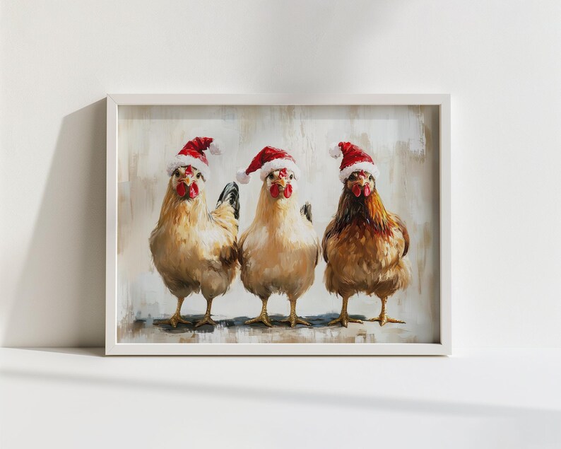 Whimsical Christmas chicken wall art print featuring three chickens in Santa hats, festive farmhouse holiday nursery decor, rustic and playful seasonal artwork