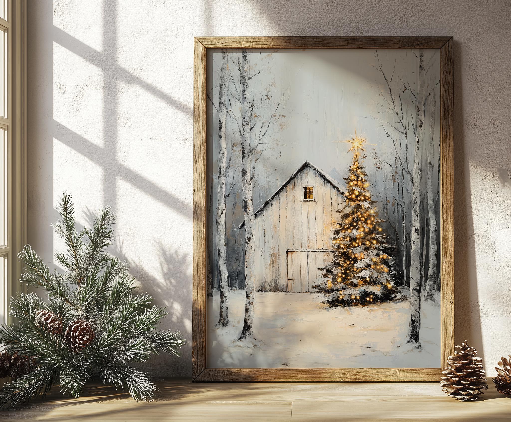 Vintage Rustic Christmas Barn Wall Art, PRINTABLE White Winter ...