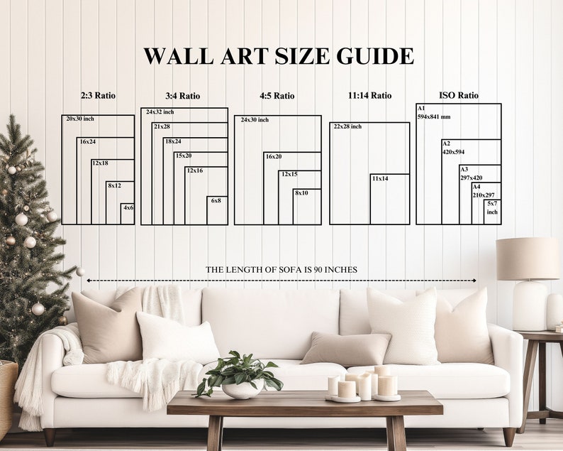 May include: A guide to wall art sizes for different aspect ratios, including 2:3, 3:4, 4:5, 11:14, and ISO. The guide shows the dimensions of each ratio in inches. The text "THE LENGTH OF SOFA IS 90 INCHES" is at the bottom of the image.