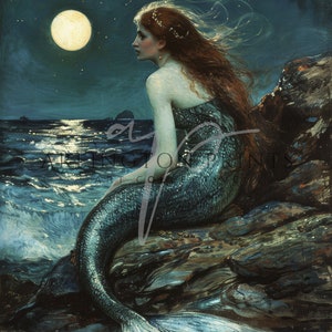 Mermaid Artwork, Fantasy Wall Art, Little Mermaid, Sky Oil Painting, Digital Download, Vintage Printable Art, Moon Painting, Ocean Art, John William Waterhouse Inspired, Moody Wall Art, Dark Landscape Painting, Mermaid Art Print, Arlington Prints