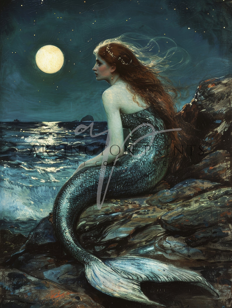 Mermaid Artwork, Fantasy Wall Art, Little Mermaid, Sky Oil Painting, Digital Download, Vintage Printable Art, Moon Painting, Ocean Art, John William Waterhouse Inspired, Moody Wall Art, Dark Landscape Painting, Mermaid Art Print, Arlington Prints