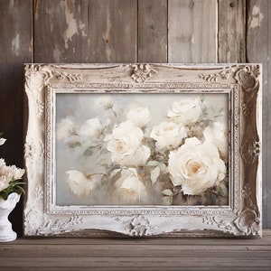Rosas blancas para imprimir, estilo rústico, pintura al óleo vintage, descarga digital, arte blanco de estilo campestre francés