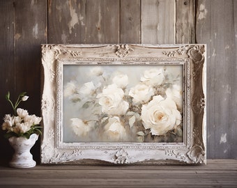 Printable White Roses Floral, Farmhouse Style, Vintage Oil Painting Print, Digital Download, French Country White Art