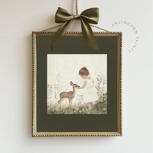 Vintage Little Girl & Fawn Print, Baby Deer Nursery Decor, Woodland Nursery Art, Farmhouse Siege Green Decor, Girls Room Animal Nursery T77