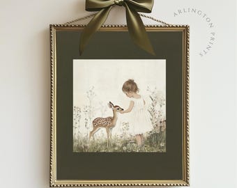 Vintage Little Girl & Fawn Print, Baby Deer Nursery Decor, Woodland Nursery Art, Farmhouse Siege Green Decor, Girls Room Animal Nursery T77