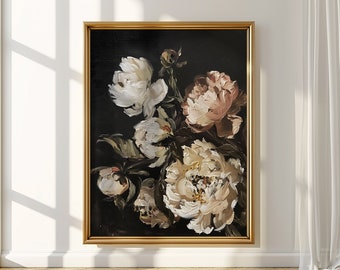 Vintage Printable Flower Painting, Peonies, Moody Aesthetic Home Decor, Muted Wall Art, Instant Download, Oil Painting Print, Dark Floral