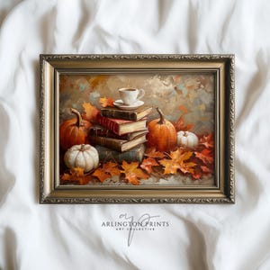 Neutral Fall Bookish Wall Art Printable, Fall Foliage Coffee Bar Print, Vintage Stacked Books Autumn Art Print, Bookstack Printable Art P147