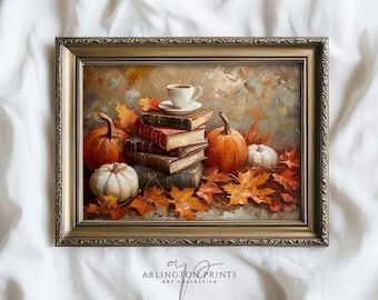 Neutral Fall Bookish Wall Art Printable, Fall Foliage Coffee Bar Print, Vintage Stacked Books Autumn Art Print, Bookstack Printable Art P147