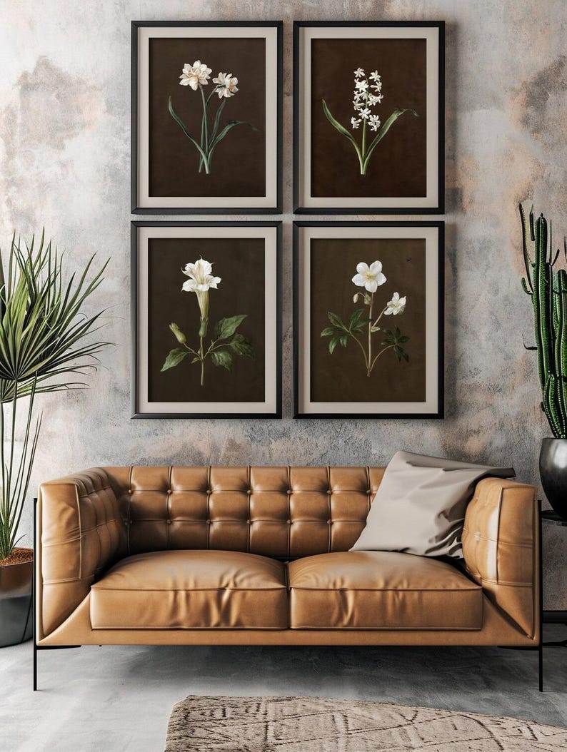 Moody Vintage Botanical Print Set of Four, Muted Floral Wall Art Prints ...