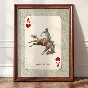 Arte de parede de ás de copas de cowboy, impressão de cartas de baralho de faroeste, decoração rústica de rodeio, estilo country vintage, fabricado nos EUA SK-769